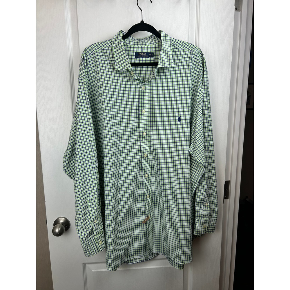 Polo Ralph‎ Lauren Mens 4XB Big Gingham Button Down Shirt Green Blue Cotton